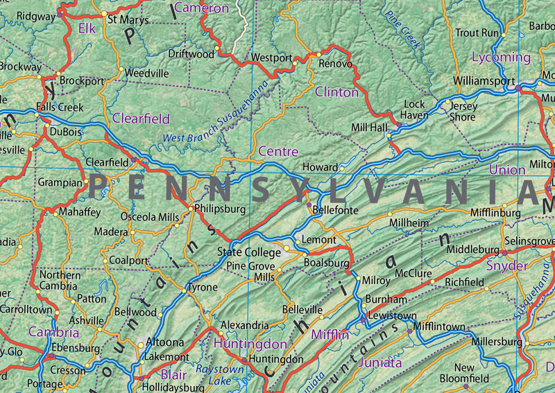 New York and Pennsylvania Physical State Map I Love Maps