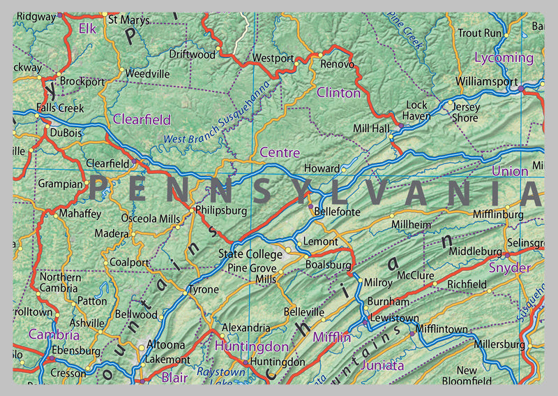New York and Pennsylvania Physical State Map