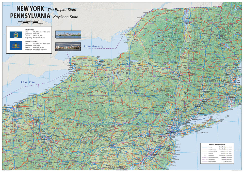 New York and Pennsylvania Physical State Map