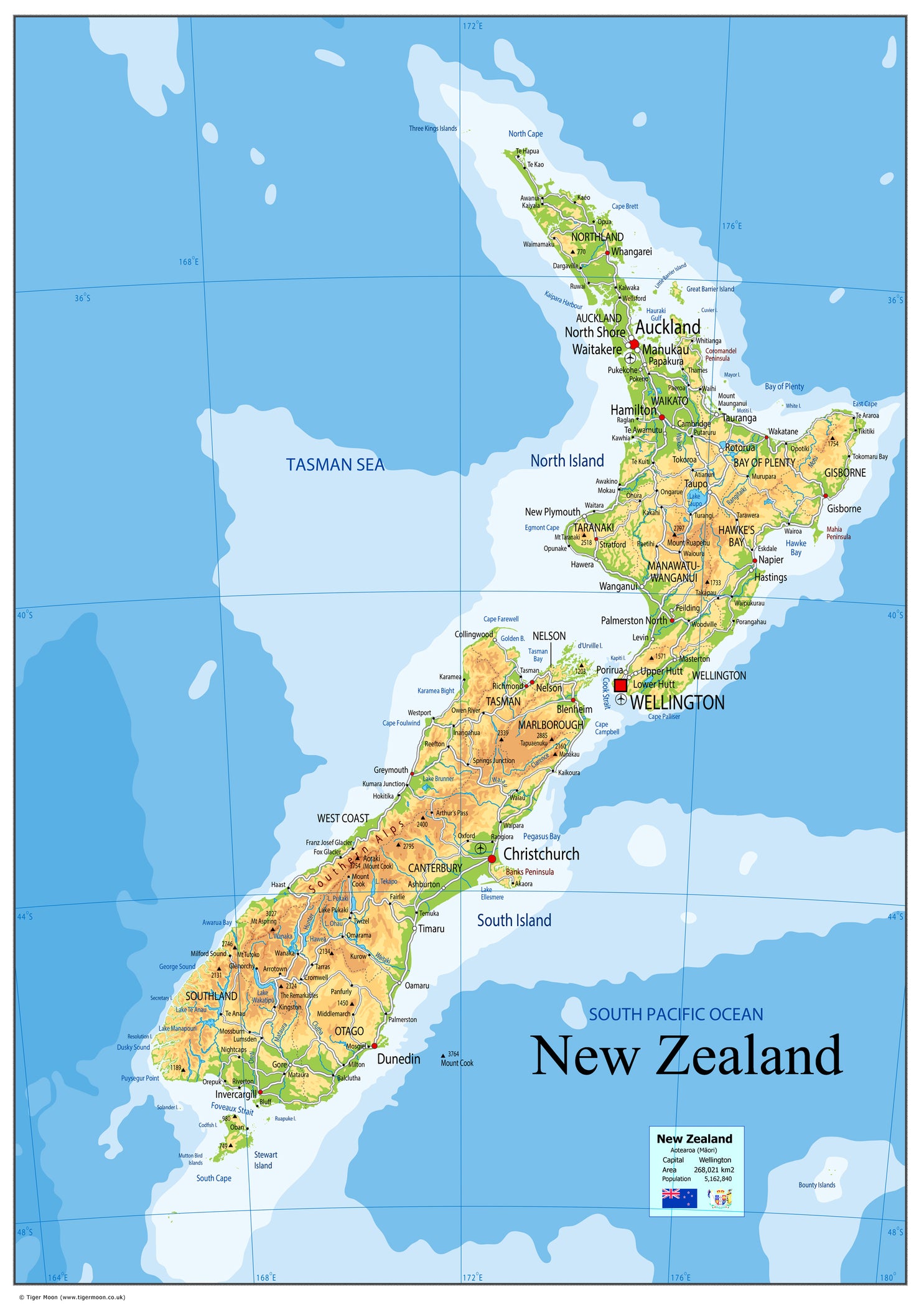 Nz Map Reference Physical Map of New Zealand - The Oxford Collection– I Love Maps