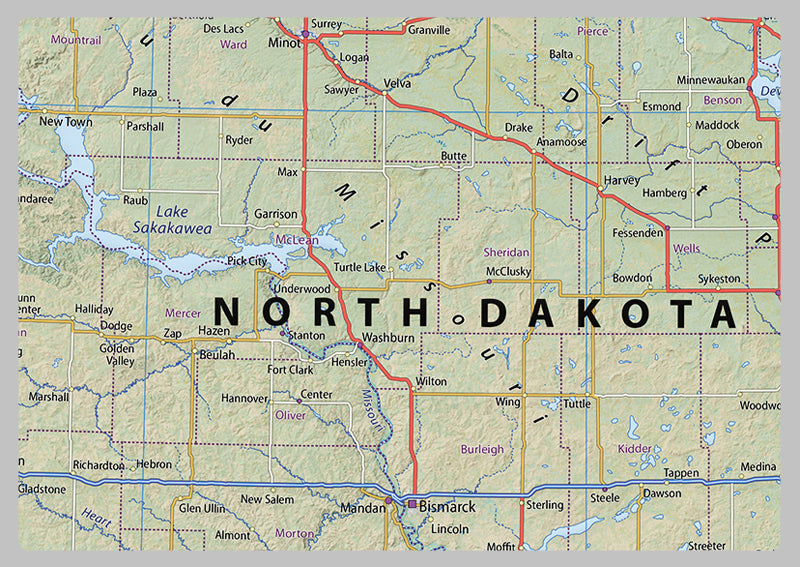 North and South Dakota Physical State Map