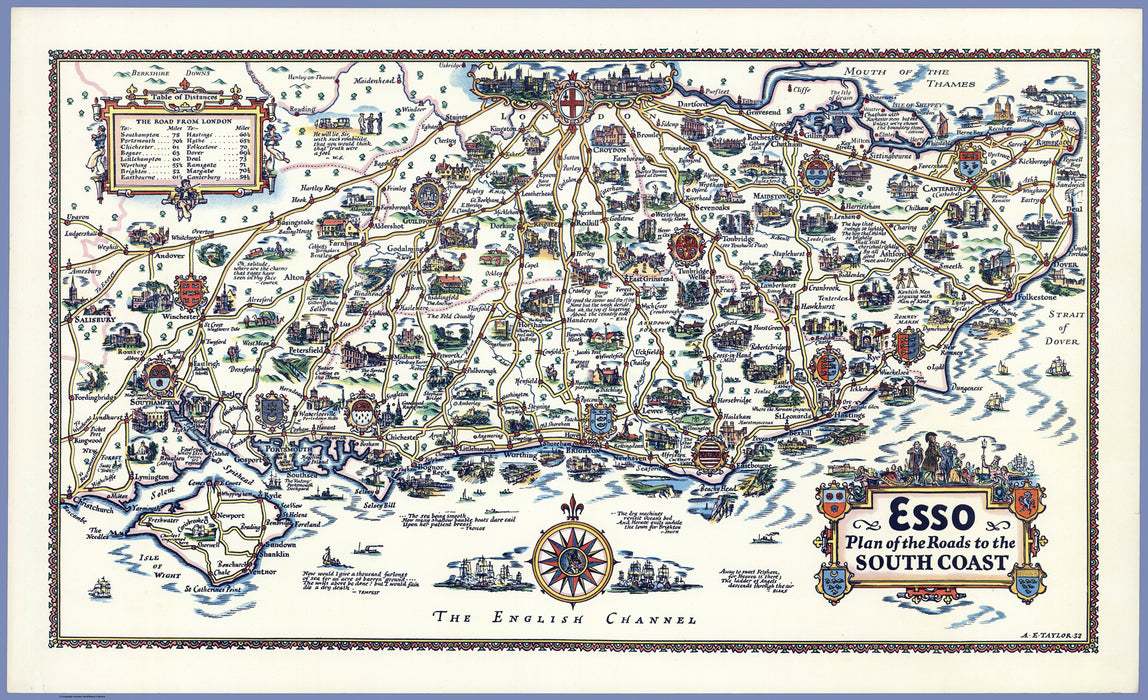 1931 - Pratt's Esso Plan of Roads to the South Coast Map