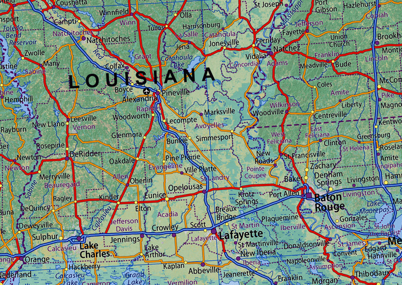 Texas, Louisiana, Arkansas & Mississippi Physical State Map I Love Maps