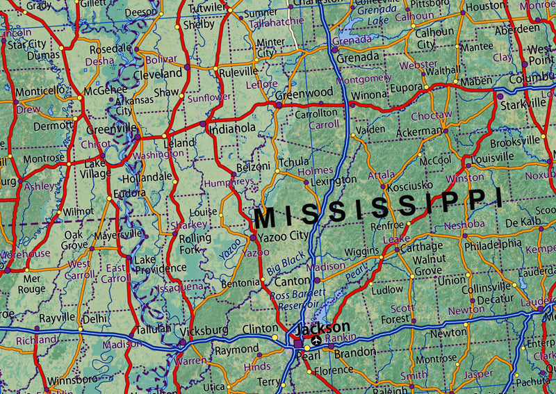 Texas, Louisiana, Arkansas & Mississippi Physical State Map I Love Maps