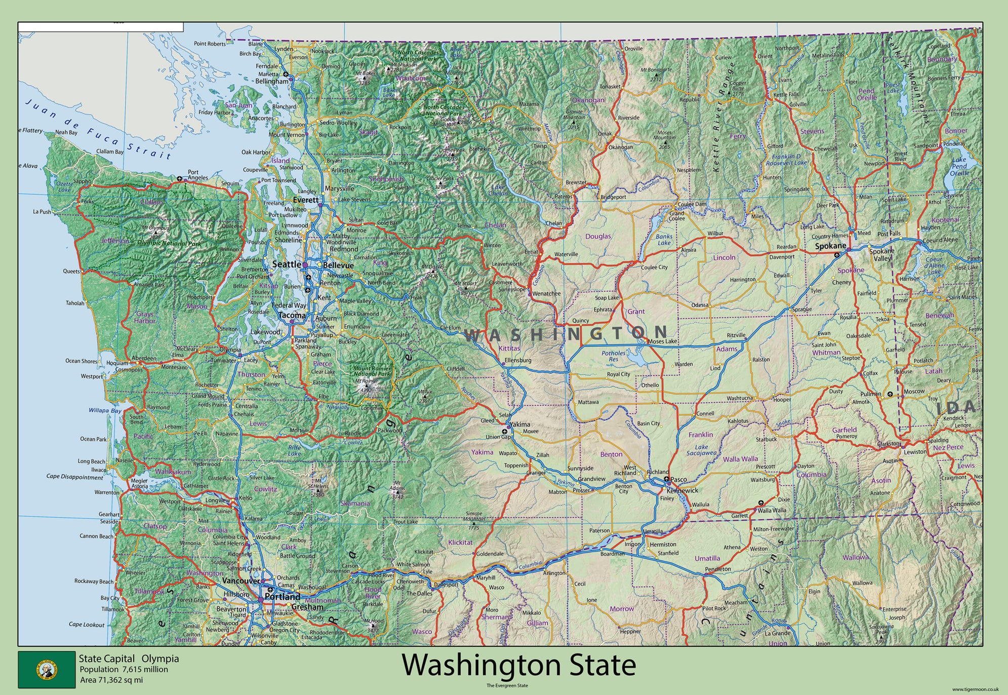 Washington Physical State Map– I Love Maps