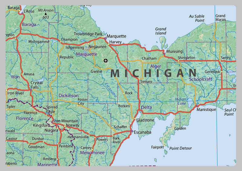 Wisconsin & Michigan Physical State Map