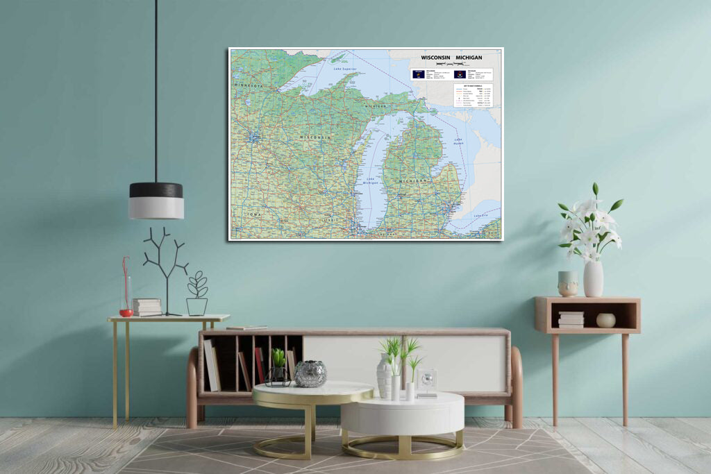 Wisconsin & Michigan Physical State Map