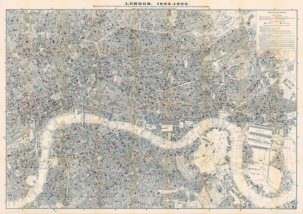 London 1899-1900 Historic Map Showing Places of Worship, Schools, Beer houses, Restaurants, Grocers