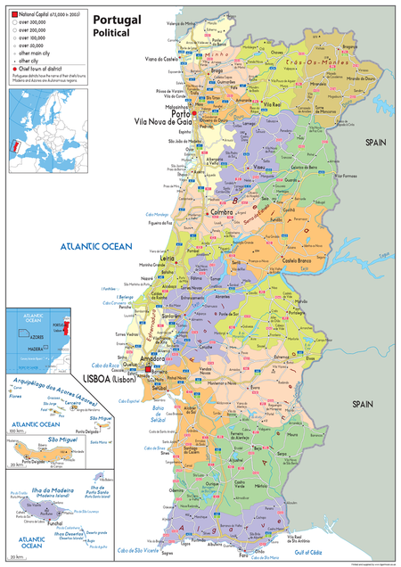 A physical map of Portugal, a country located in south-western Europe. The capital is Lisbon. Other cities include:  Porto, Vila Nova de Gaia, Braga, Amadora, Queluz, Funchal, Coimbra, Setúbal, Agualva-Cacém, Almada, Rio Tinto, Aveiro, Viseu, Odivelas, Leiria, Guimarães, Barreiro, Évora, Faro, Portimão and Ponta Delgada.  This is a clear and colourful map for the wall and a must for teaching geography lessons or for classroom displays.