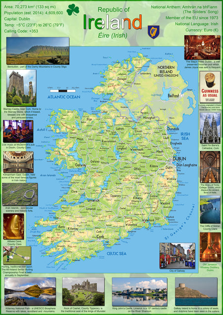 This illustrated map shows the physical aspects of Ireland. Featuring high quality photos of popular locations this map covers:  Dublin Belfast Cork Limerick Derry Galway Waterford Lisburn  It's clear, colourful and perfect for the wall. Printed onto quality paper and finished with a gloss laminate.