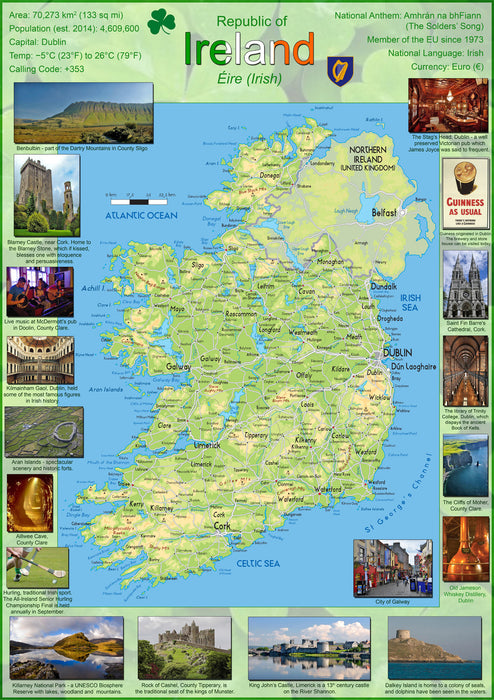 This illustrated map shows the physical aspects of Ireland. Featuring high quality photos of popular locations this map covers:  Dublin Belfast Cork Limerick Derry Galway Waterford Lisburn  It's clear, colourful and perfect for the wall. Printed onto quality paper and finished with a gloss laminate.