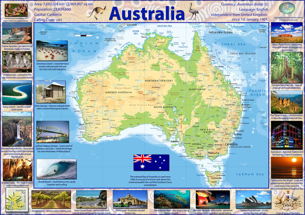 The continent of Australia consists of the landmasses which sit on Australia's continental plate. Situated in Oceania, Australia is the smallest of the seven traditional continents.  The continent includes:  Australia Tasmania New Guinea, consisting of Papua New Guinea and Western New Guinea