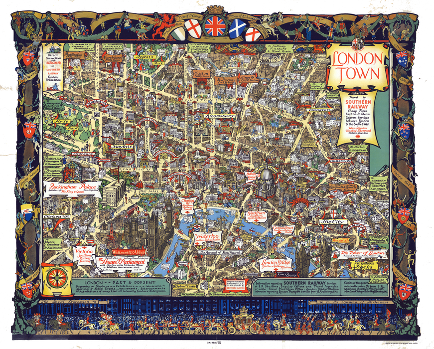 A print of a vintage Travel By Train map poster for London Town by the British artist, illustrator and poster designer Kerry Lee (1902-1988) with decorative illustrations framing the map including flags and coat of arms, issued by Southern Railway.