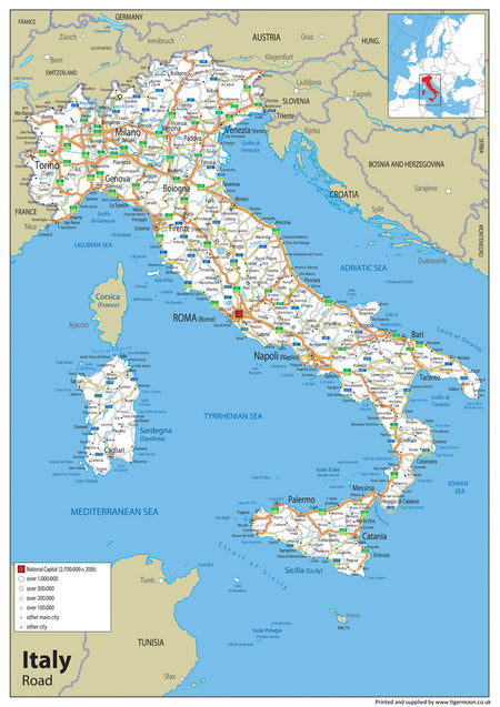 A clear, informative and colourful political map of Italy.  Italy is located in Southern Europe. It contains the enclaved microstates of Vatican City and San Marino.  Rome is the capital. Other large cities are:  Milan Naples Turin Palermo Genoa Bologna Florence Bari Catania