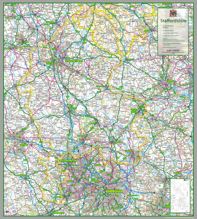 1:100,000 detailed map of Staffordshire, a county in the Midlands of England, UK.  This map covers the two cities of Stoke-on-Trent & Lichfield and towns:      Kidsgrove     Tamworth     Stafford     Cannock     Newcastle-under-Lyme     Rugeley  and the Districts/Boroughs of:      Cannock Chase     Lichfield     South Staffordshire     Staffordshire Moorlands     East Staffordshire     Newcastle-under-Lyme     Stafford     Tamworth