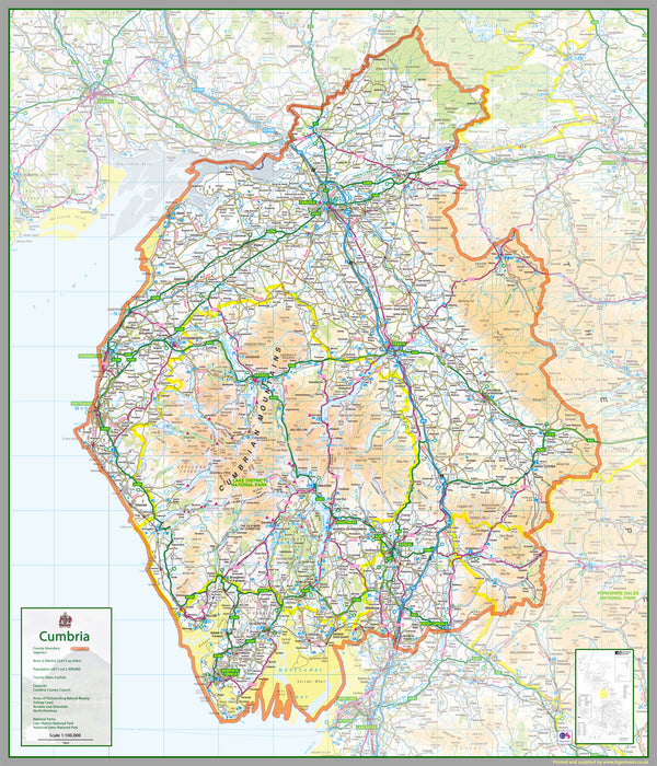 Cumbria, a ceremonial and non-metropolitan county in North West England, UK. It is the third biggest county in the UK.  This map covers the city of Carlisle and towns      Maryport     Workington     Whitehaven     Penrith     Kendal     Ulverston     Barrow-in-Furness