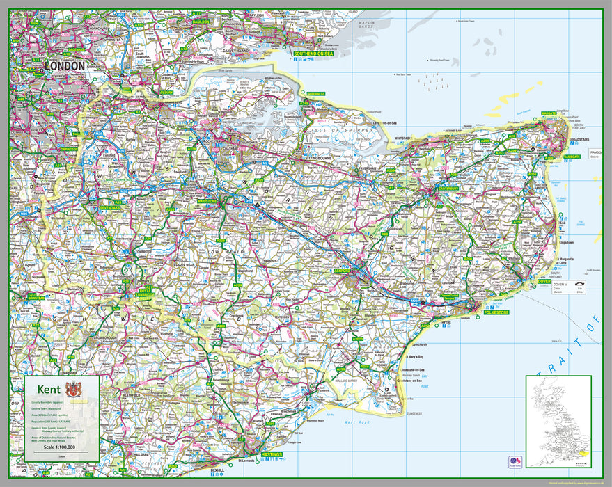 map of Kent, a county in the South of England, UK.  This map covers the City of Rochester and towns      Maidstone     Gillingham     Dartford     Chatham     Ashford     Rochester     Margate     Royal Tunbridge Wells     Gravesend     Canterbury     Folkestone     Sittingbourne     Dover     Ramsgate     Tonbridge