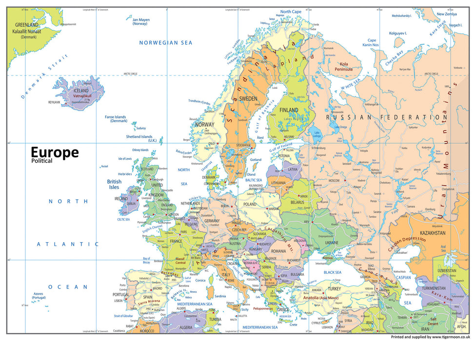 Europe continent map covering Albania Andorra Armenia Austria Azerbaijan Belarus Belgium Bosnia and Herzegovina Bulgaria Croatia Cyprus Czech Republic Denmark Estonia Finland France Georgia Germany Greece Hungary Iceland Ireland Italy Kazakhstan Latvia Liechtenstein Lithuania Luxembourg Malta Moldova Monaco Montenegro Netherlands Norway Poland Portugal Romania Russia San Marino Serbia Slovakia Slovenia Spain Sweden Switzerland Turkey Ukraine United Kingdom Vatican City