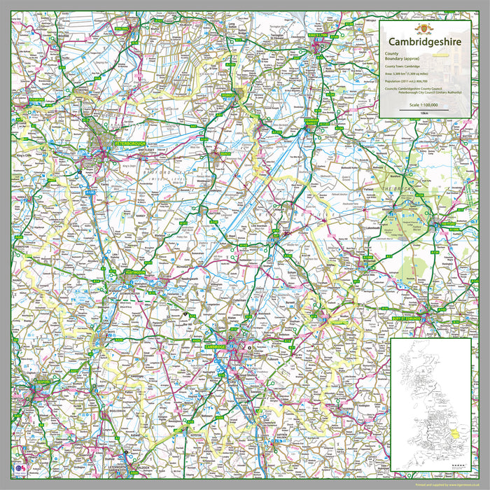   1:100,000 detailed map of Cambridgeshire, a county in the East of England, UK.  This map covers the City of Cambridge and towns          Burwell         Cambridge         Chatteris         Cottenham         Ely         Godmanchester         Huntingdon         Littleport         March         Peterborough         Ramsey         Sawston         Sawtry         Soham         St Ives         St Neots         Wisbech         Whittlesey         Yaxley