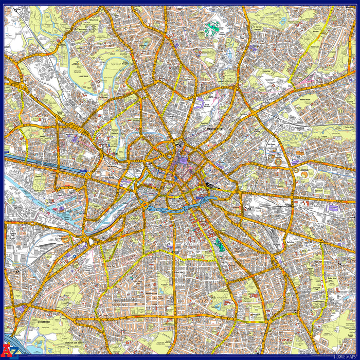 An A-Z Map of Manchester covering Ancoats Ardwick Baguley Benchill Beswick Blackley Bradford Burnage Charlestown Cheetham Chorlton City Centre Clayton Collyhurst Crumpsall Didsbury Fallowfield Gorton Harpurhey Hulme Levenshulme Longsight Miles Platting Moss Nook Moss Side 
