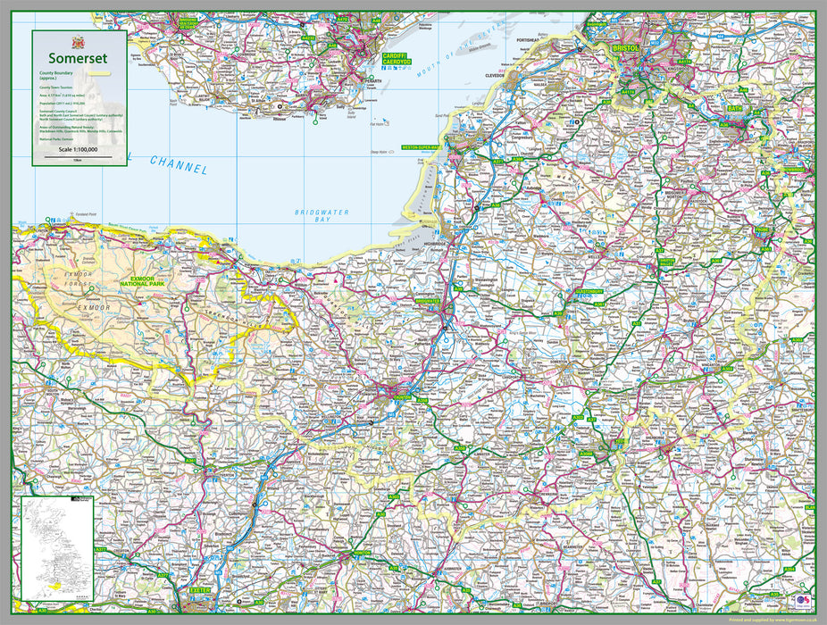 map of Somerset, a county in England, UK.  This map covers the towns:      Bath     Weston-super-Mare     Taunton     Yeovil     Bridgwater     Frome     Portishead     Burnham-on-Sea/Highbridge     Clevedon     Nailsea 