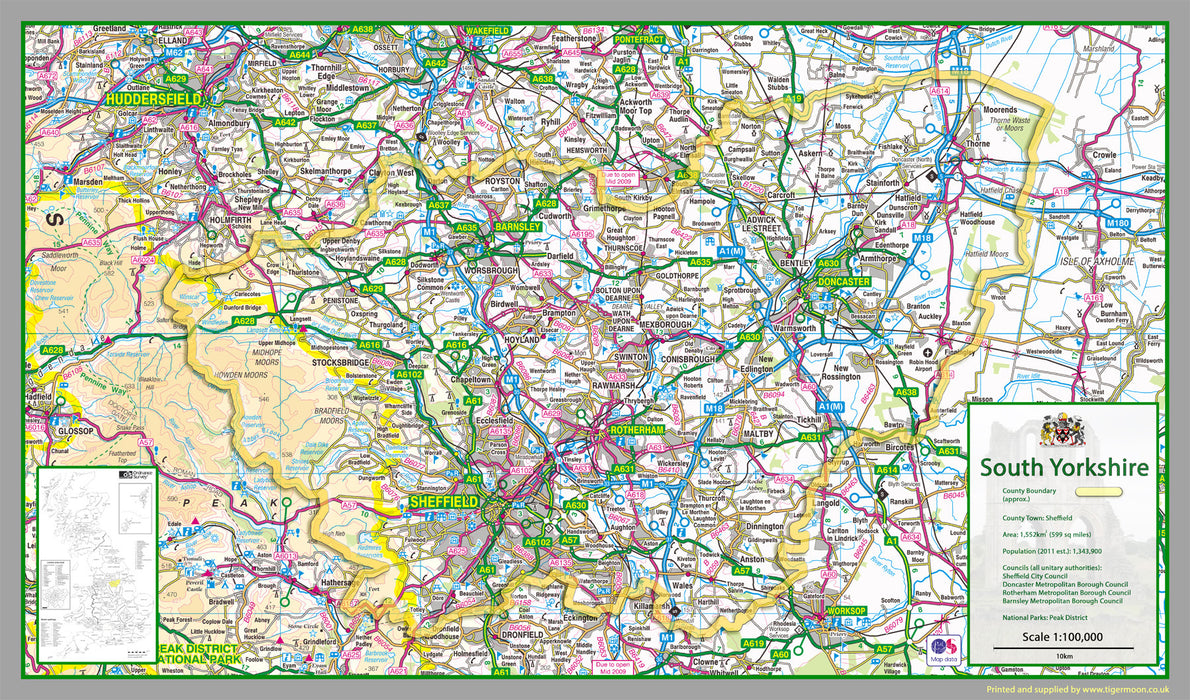  map of South Yorkshire, a county in England, UK.  This map covers the City of Sheffield and towns:      Askern     Barnsley     Bawtry     Brierley     Conisbrough     Dinnington     South Yorkshire     Doncaster     Edlington     Hoyland     Maltby     Mexborough     Penistone     Rotherham     Sheffield     Stainforth     Stocksbridge     Swinton     Thorne     Tickhill     Wath upon Dearne     Wombwell