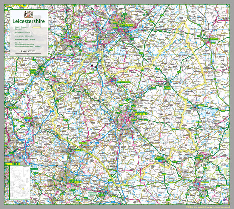 1:100,000 detailed map of Leicestershire, a county in the Midlands of England, UK.  This map covers the City of Leicester and towns:  Loughborough Hinckley Melton Mowbray Market Harborough