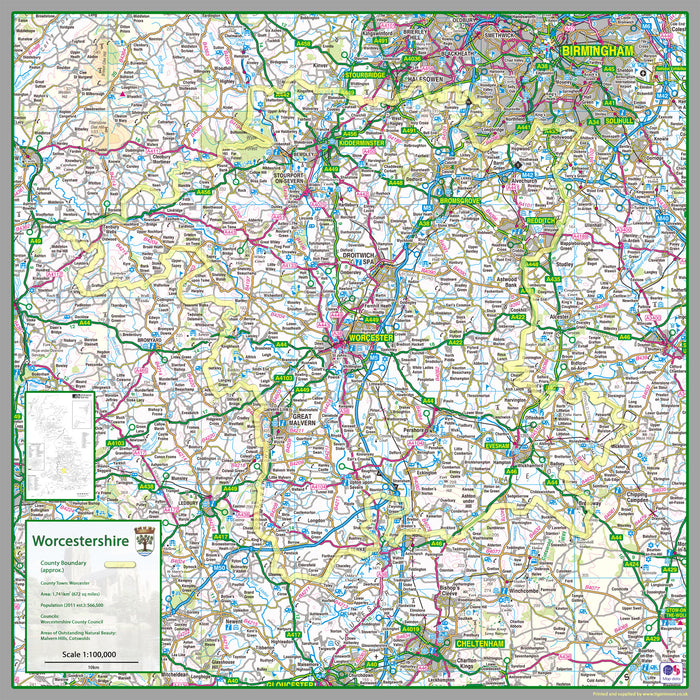 map of Worcestershire, a county in England, UK.  This map covers the cathedral city of Worcester and the towns:      Kidderminster     Bromsgrove     Redditch     Malvern     Bewdley     Evesham     Droitwich Spa     Pershore     Tenbury Wells     Stourport-on-Severn     Upton-upon-Severn