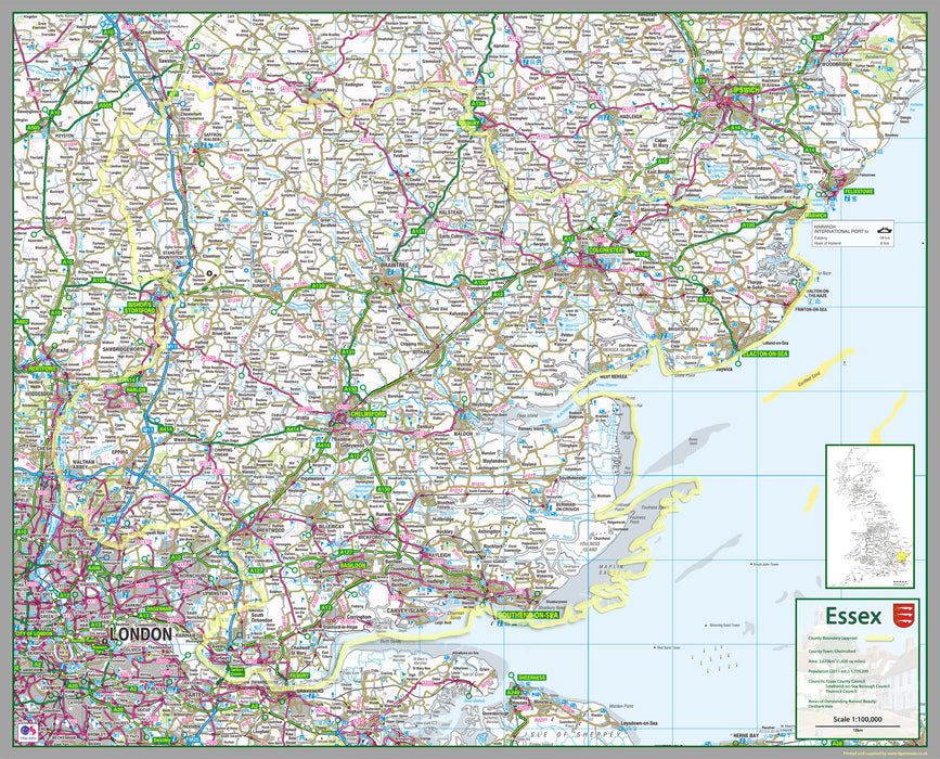 map of Essex, a county in England, UK.  This map covers the towns:      Southend-on-Sea     Colchester     Chelmsford     Basildon     Rayleigh/South Benfleet/Thundersley     Harlow     Grays     Brentwood     Clacton-on-Sea     Braintree