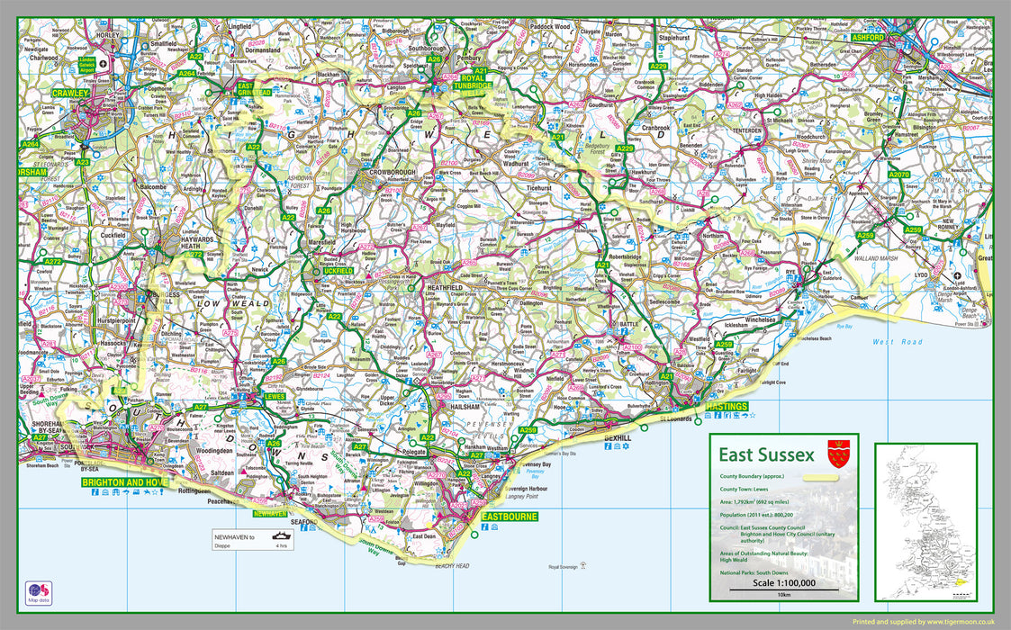 map of East Sussex, England, UK.  This map covers the towns      Battle     Brighton     Crowborough     Eastbourne‎     Hailsham‎     Hastings     Heathfield     Hove     Lewes     Newhaven     Rye     Seaford     Uckfield‎     Wadhurst‎     Winchelsea