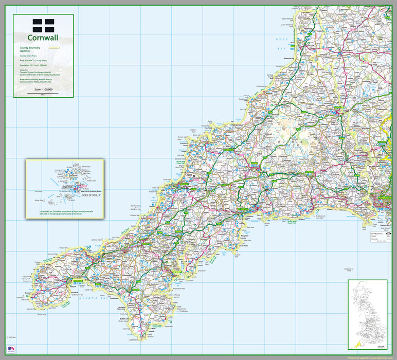 map of Cornwall, a county in England, UK.  This map covers the city of Truro and:      Land's End     Lizard Point     Bude     Boscastle     Saltash     Newquay     St Austell     Penzance     St Ives