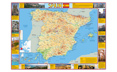 This map shows the physical aspects of Spain. It's clear, colourful and perfect for the wall. Features high quality photos of popular locations.  Spain is in Southwestern Europe. The largest cities are:  Madrid Barcelona Valencia Seville Zaragoza Málaga Murcia Palma Las Palmas de Gran Canaria Bilbao Alicante Cordova