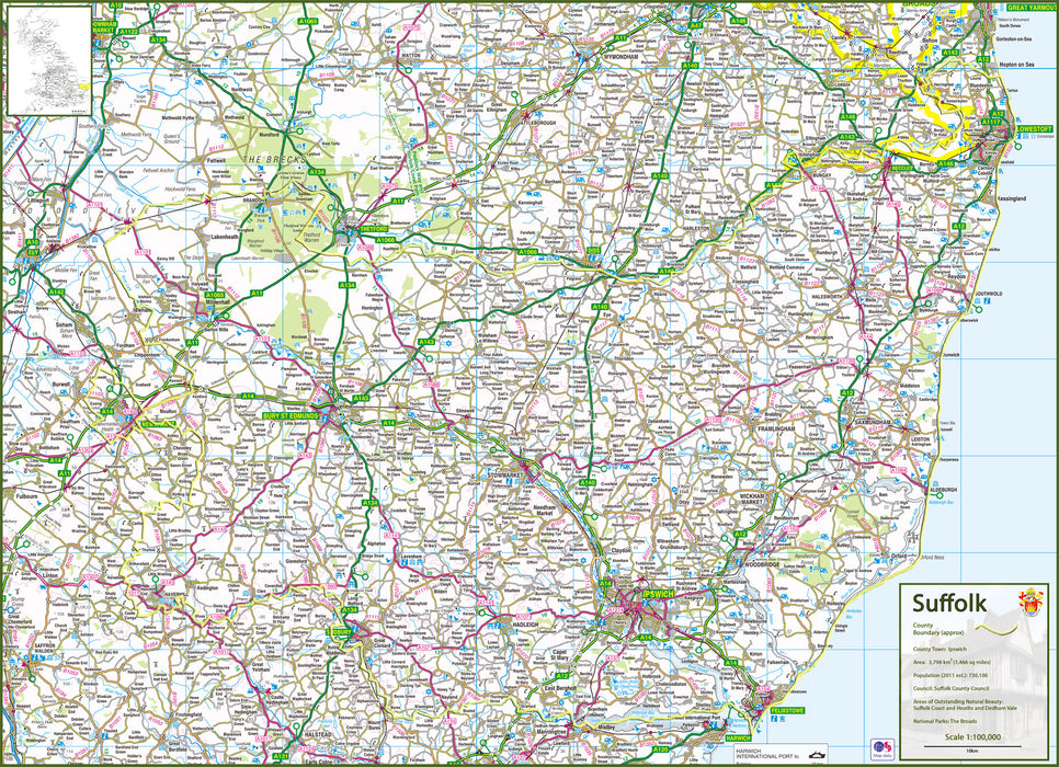 map of Suffolk, a county in England, UK.  This map covers the towns:      Aldeburgh‎     Beccles     Brandon     Bungay     Bury St Edmunds     Clare     Eye     Felixstowe     Framlingham‎     Hadleigh     Halesworth‎     Haverhill     Ipswich     Leiston     Lowestoft     Mildenhall     Needham Market     Newmarket     Saxmundham‎     Southwold‎     Stowmarket     Sudbury     Woodbridge