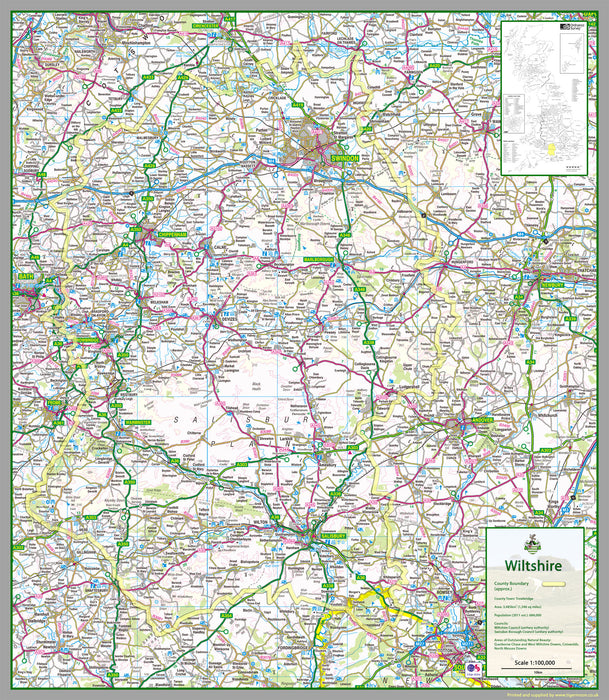 map of Wiltshire, a county in England, UK.  This map covers the city of Salisbury and the towns:          Amesbury         Bradford-on-Avon         Calne         Chippenham         Corsham         Cricklade         Devizes         Highworth         Larkhill         Ludgershall         Malmesbury         Marlborough         Melksham         Mere         Royal Wootton Bassett         Swindon         Tidworth         Trowbridge         Warminster         Westbury         Wilton