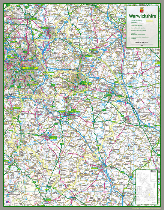 1:100,000 detailed map of Warwickshire, a county in the West Midlands of England, UK.  This map covers the towns:      Nuneaton     Stratford Upon Avon     Rugby     Leamington Spa     Bedworth     Kenilworth 