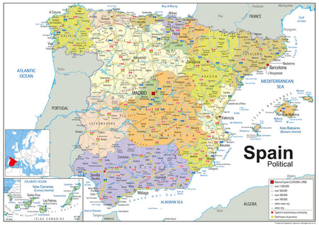  Spain is  in Southwestern Europe. The largest cities are:  Madrid Barcelona Valencia Seville Zaragoza Málaga Murcia Palma Las Palmas de Gran Canaria Bilbao Alicante Cordova
