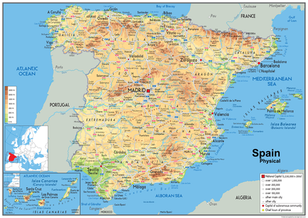 This map shows the physical aspects of Spain in Southwestern Europe. Cities include:      Madrid     Barcelona     Valencia     Seville     Zaragoza     Málaga     Murcia     Palma     Las Palmas de Gran Canaria     Bilbao     Alicante     Cordova  This is a clear and colourful map for the wall.