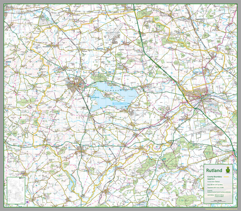 1:100,000 detailed map of the smallest county, Rutland, in the Midlands of England, UK  The map covers Rutland Water, Braunston, Belton, Cottesmore, Exton, Greetham, Ketton, Langham, Lyddington, Martinsthorpe, Normanton, Oakham, Ryhall, Casterton, Uppingham and Whissendine.