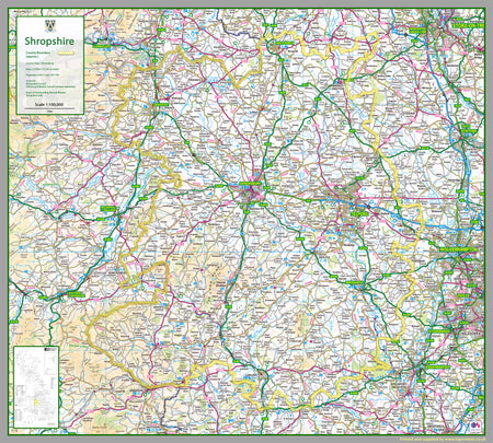 map of Shropshire, a county in England, UK.  This map covers the county town of Shrewsbury and:      Telford     Wellington     Dawley     Madeley     Oswestry     Bridgnorth     Ludlow     Whitchurch     Newport     Market Drayton