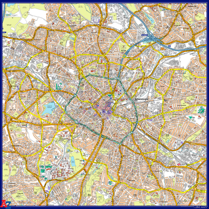 A highly detailed Birmingham A-Z map covering:  The Financial district New Street Station Grand Central Complex Bullring Centre Jewellery Quarter East Side Digbeth South Side Brindley Place & Convention Area Gun Quarter Links to the major motorways - M5, M6, M40 and M42 via the Spaghetti Junction.