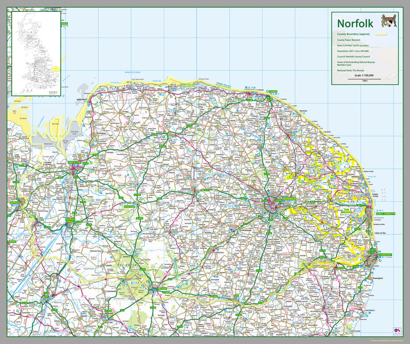 map of Norfolk, a county in England, UK.  This map covers the city of Norwich and the towns:      King's Lynn     Great Yarmouth     Thetford     Gorleston-on-Sea     Dereham     Taverham     Wymondham     North Walsham