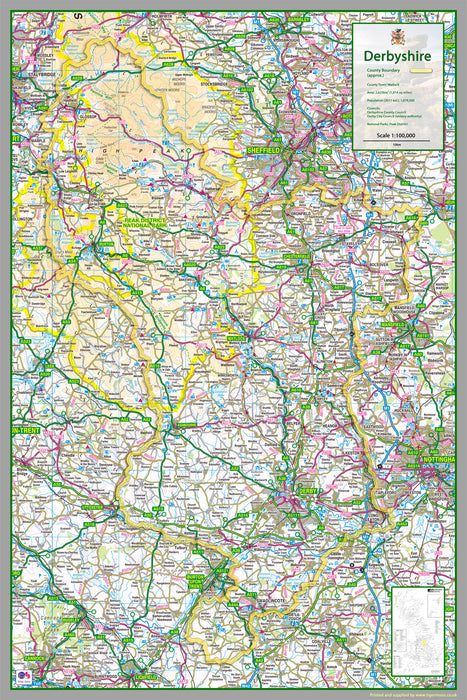   1:100,000 detailed map of Derbyshire, a county in the Midlands of England, UK.  This map covers the City of Derby and towns:      Chesterfield     Dronfield     Bolsover     Belper     Glossop     Buxton     Ilkeston     Long Eaton     Matlock     Swadlincote  and the Boroughs of:          High Peak         Derbyshire Dales         South Derbyshire         Erewash         Amber Valley         North East Derbyshire         Chesterfield         Bolsover         City of Derby