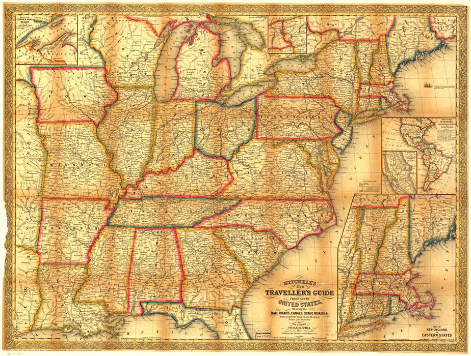 Antique 1835 Traveler's Guide to the Eastern US Map