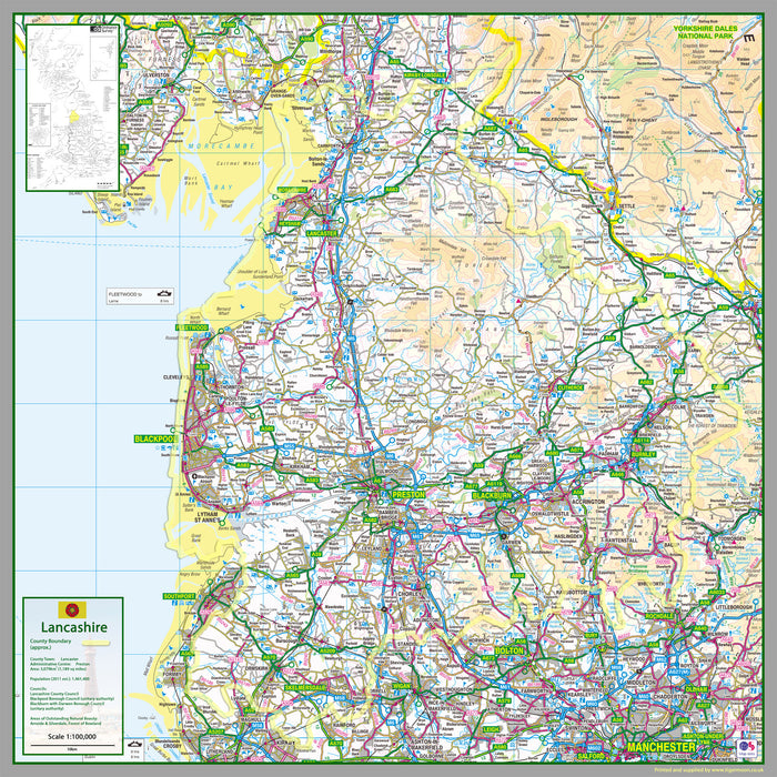 Lancashire, a ceremonial county in the East of England, UK.  This map covers the towns      Preston     Blackburn     Accrington     Burnley     Nelson     Colne     Leyland     Chorley     Lancaster     Morecambe 