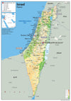 Map poster of Israel, a country in Western Asia. It is situated on the southeastern shore of the Mediterranean Sea and the northern shore of the Red Sea, and shares borders with Lebanon to the north, Syria to the northeast, Jordan on the east, the Palestinian territories of the West Bank and the Gaza Strip to the east and west,respectively, and Egypt to the southwest.