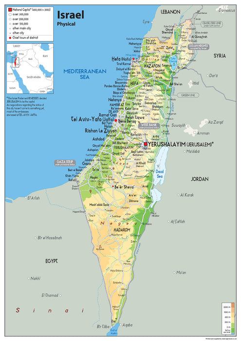 Map poster of Israel, a country in Western Asia. It is situated on the southeastern shore of the Mediterranean Sea and the northern shore of the Red Sea, and shares borders with Lebanon to the north, Syria to the northeast, Jordan on the east, the Palestinian territories of the West Bank and the Gaza Strip to the east and west,respectively, and Egypt to the southwest.