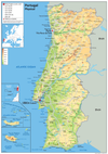 A physical map of Portugal, a country located in south-western Europe. The capital is Lisbon. Other cities include:  Porto, Vila Nova de Gaia, Braga, Amadora, Queluz, Funchal, Coimbra, Setúbal, Agualva-Cacém, Almada, Rio Tinto, Aveiro, Viseu, Odivelas, Leiria, Guimarães, Barreiro, Évora, Faro, Portimão and Ponta Delgada.