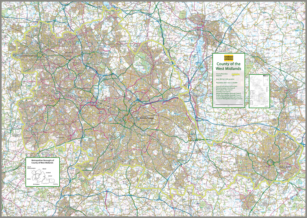  This map covers the City of Birmingham and Coventy and the towns:          Stoke-on-Trent         Wolverhampton         Solihull         Telford         Worcester         Burton-upon-Trent         Dudley         Halesowen         Hereford         Kidderminster         Leamington Spa         Newcastle-under-Lyme         Nuneaton         Redditch         Rugby         Shrewsbury         Stafford         Stourbridge         Tamworth         Walsall         West Bromwich