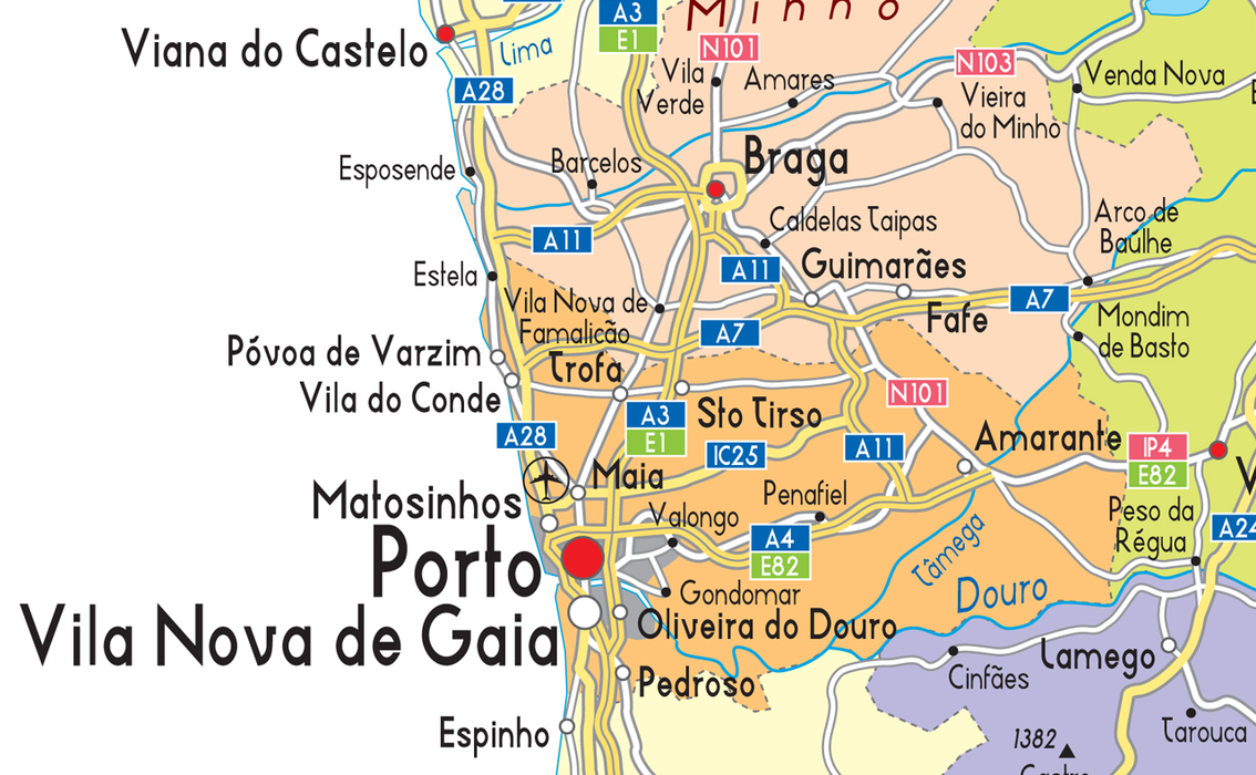 Extract of political map Portugal showing Porto