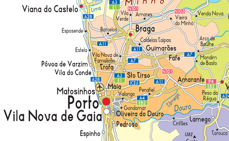 Extract of political map Portugal showing Porto